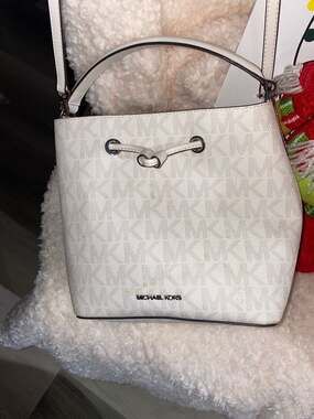 Michael Kors Suri Small Logo Messenger Bucket Bag in Vanilla/Acorn